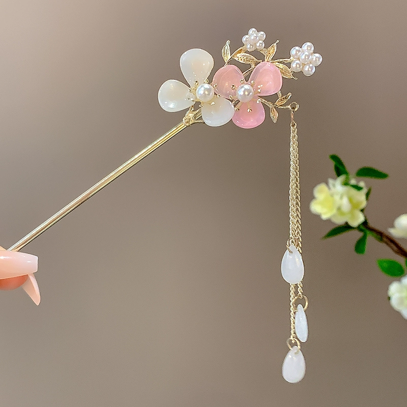 white-pink-double-flower-pearl-tassel-hairpin