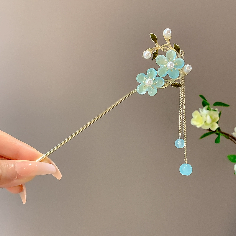 blue-double-flower-tassel-hairpin